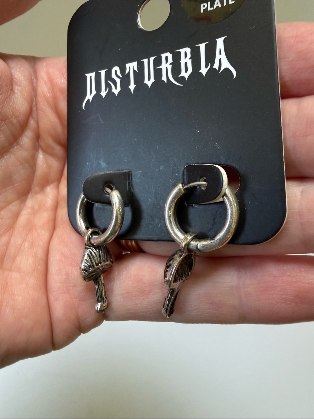 Disturbia Fabula Silver-Plated Hoop Earrings with Mushrooms NWT - Picture 2 of 5